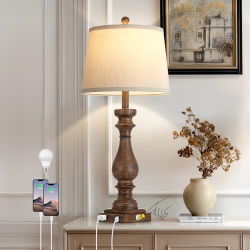 Cinkeda 29" Tall Farmhouse Table Lamp for Living Room,Vintage Retro Nightstand Lamps with USB C+A Ports & AC Outlet,3-Way Dimmable Touch Bedside Lamp for Bedroom Side Table,Single Brown - color: 1Pack Brown