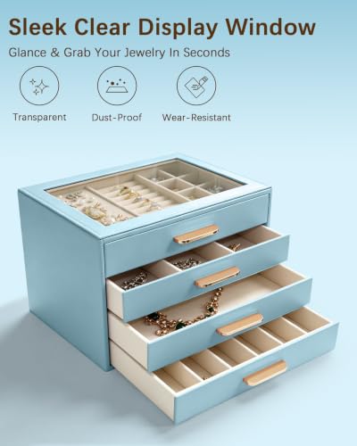 Homeanda Jewelry Boxes Organizer with Glass Lid, 4-Layer PU Leather, Blue - color: Smoky Blue, size: 4 Layer