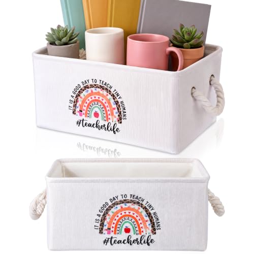 Marsui 1 Pcs Teacher Gift Basket Foldable Linen Storage Basket with Handles - color: White, size: Teacher