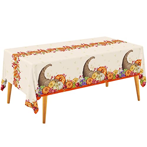 Fall Pumpkin Harvest Party Supply Plentiful Cornucopia Design plastic tablecloth for Thanksgiving Autumn Party Decorations 54 X 108Inch 3 Pack - style: Fall Pumpkin