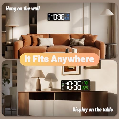 Digital Wall Clock with Automatic Brightness - LED Large Display Silent Clock for Living Room Bedroom Kitchen, Silent Wall Clock with Date Temperature, Decorative Digital Clock for Home Office