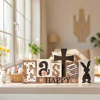 Smile 7Pcs Easter Decor Indoor Wooden Sign, Bunny Eggs Farmhouse Style Shelf Accents for Spring Holiday Home Decoration - style: Rustic Easter