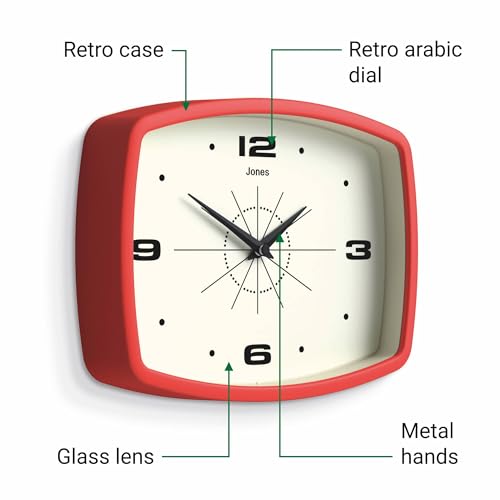 JONES CLOCKS® Movie wall Clock | Rectangular Retro Clock | 10" | Red - color: Red