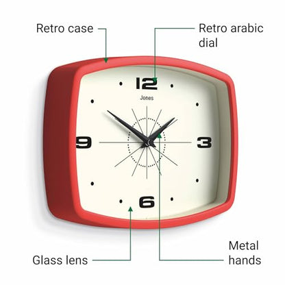 JONES CLOCKS® Movie wall Clock | Rectangular Retro Clock | 10" | Red - color: Red