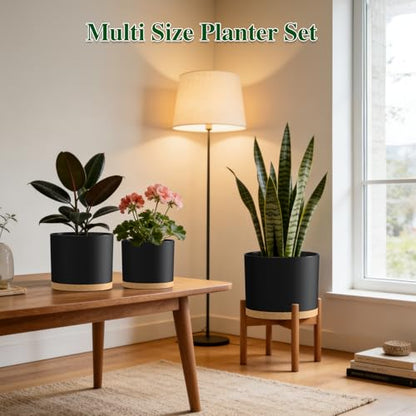Plant Pots, 10/9/8 Inch 3 Pack Cylindrical Flower Pots with Drainage Holes and Saucers, Plastic Planters for Outdoor Indoor Plants,Black Brown - color: Black With Brown