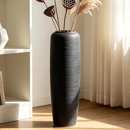 Black Rustic Ceramic Floor Vase, 24 Inch, Ribbed Texture - size: 23.6 Inch