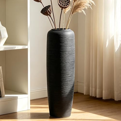 Black Rustic Ceramic Floor Vase, 24 Inch, Ribbed Texture - size: 23.6 Inch