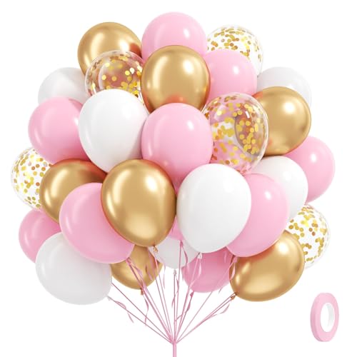60pcs Pink and Gold Balloons 12inch with Metallic Gold Confetti Balloons - color: Pink White Gold