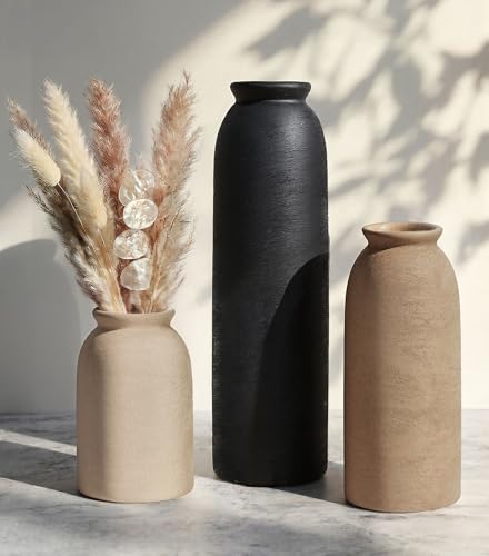 Ceramic Vase Set of 3, Small Flower Rustic Vase Home Decor Neutral Modern Farmhouse Boho Pampas Pottery Vases Decorative Centerpiece for Table Mantel Shelf Living Room Kitchen Bathroom - color: Rustic-black Set