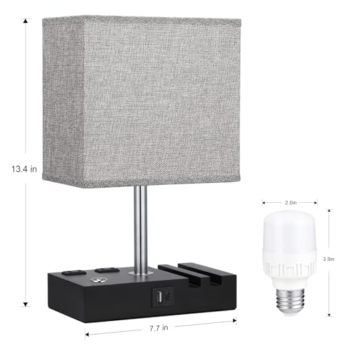 Touch Bedside Table Lamp for Bedroom, 3-Way Dimmable, USB C+A, 2 AC Outlets - color: Grey with Touch Control Base, size: 1 Pack