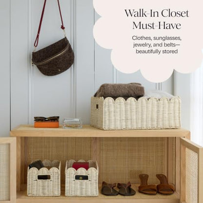 BEBE BASK Handwoven Scalloped Wicker Basket Set of 3 (17 × 13 × 7 in) - color: Natural