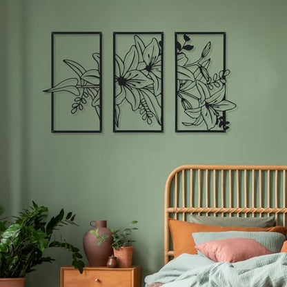 Therwen Black Metal Wall Art Minimalist Floral Hanging, Classic Style - style: Three Flower