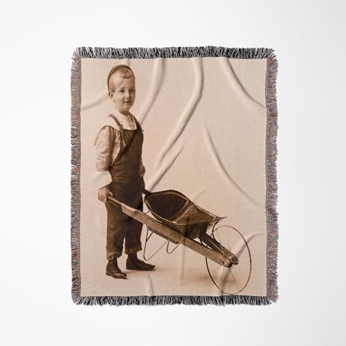 3dRose Vintage Cabinet Card Little Boy with Wheelbarrow Circa 1900 Woven Blanket
