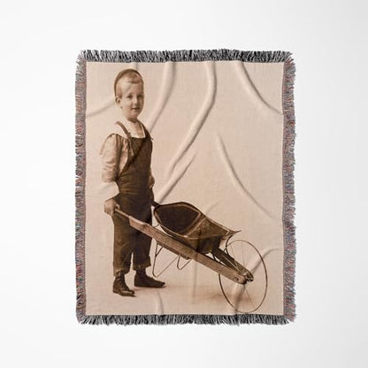 3dRose Vintage Cabinet Card Little Boy with Wheelbarrow Circa 1900 Woven Blanket