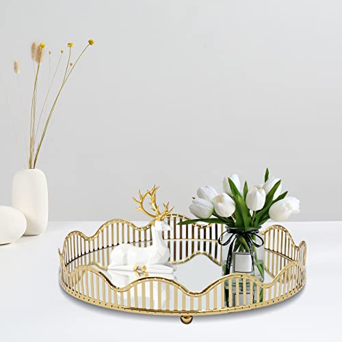 Mirrored Tray, Curve Gold Rectangle Glass Mirror Centerpieces, Makeup Bathroom Tray Home Vanity for Dresser Coffee Bathroom Living Room