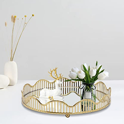 Mirrored Tray, Curve Gold Rectangle Glass Mirror Centerpieces, Makeup Bathroom Tray Home Vanity for Dresser Coffee Bathroom Living Room