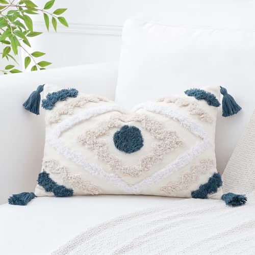 NUYECY Decorative Farmhouse Throw Pillow Covers 12 x 20,Modern Neutral Couch Pillow Cover,Cotton Checked Pattern Boho Lumbar Pillow Case Cover for Couch Bed Sofa Bedroom,Blue&Beige&White - color: Blue, size: 20" x 12" (Pack of 1)