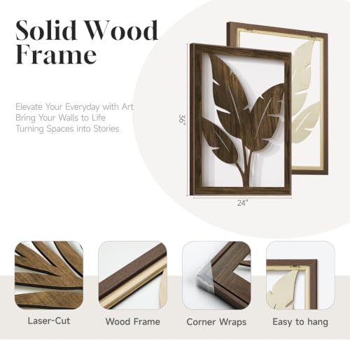 Large Framed Boho Cutout Carved Wood Wall Art for Living Room, 24x36 Inch - color: Walnut Color