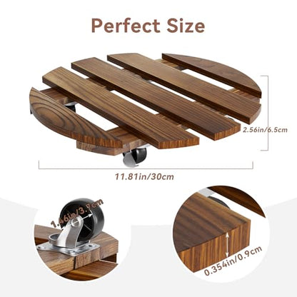 2 Pack 12 IN Wood Plant Caddy, 360 Lock Wheels Indoor Outdoor Heavy Stand