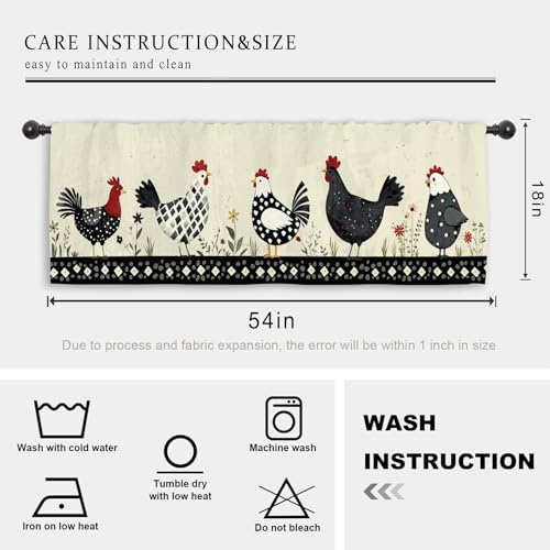 Miyotaa Rooster Chiken Kitchen Curtain Valance 54W x 18H Rod Pocket Farmhouse Rustic Rural Farm Country Window Treatment for Living Room Bedroom Bathroom - color: Cute Farm Rooster, size: 54"W x 18"L (Pack of 1)
