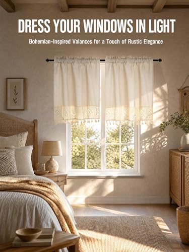 Molaxhome Linen Valances for Windows Boho Kitchen Valance Window Treatments - color: Beige, size: 35.4"W x 29.1"L (Pack of 1)