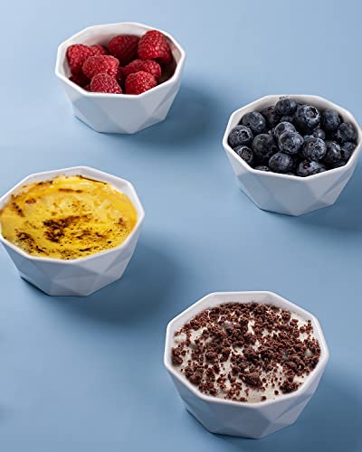 DELLING 6 Oz Porcelain Ramekins Set of 6, Geometric Creme Brulee Ramekins Oven Safe, Souffle Dishes for Baking Dessert Ice Cream Snack, Small Ceramic Bowls Dishwasher Microwave Freezer Safe, White - size: 6oz