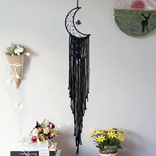 MOONFLY Black Moon Dream Catcher with Handmade Crystal Stone Design Woven Cotton Boho Macrame Wall Hanging Home Decoration Ornament Craft Gift(Black Crystal Stone Moon) - color: Black Crystal Stone Moon