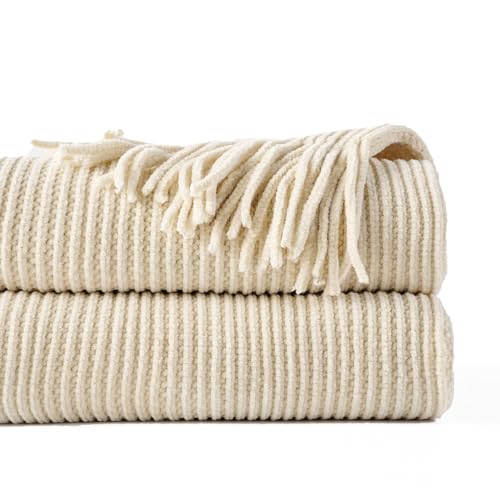 BATTILO HOME Beige Throw Blanket for Couch, Soft Chenille Knit Throws with Tassels for Home Decor, White Cream Throws for Bed Couch Cover, 60"x80" - color: Chenille-beige, size: 60 x 80 in.