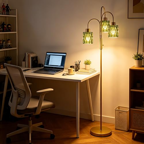 Green Glass Floor Lamp 3-Light 70" Gold Dimmable Modern Tall Standing Lamps - color: Green Cylinder-Gold