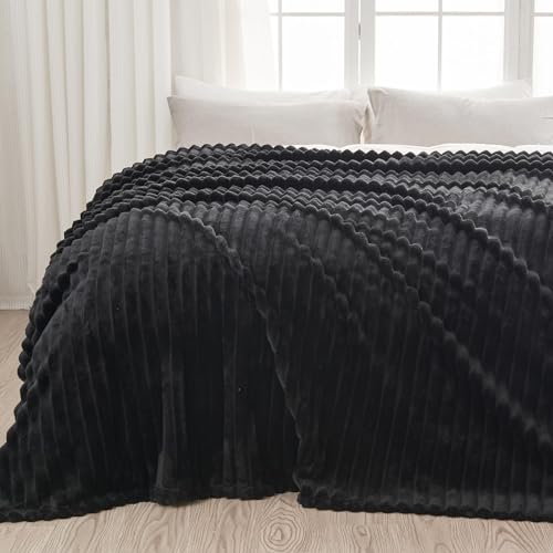 NEWCOSPLAY Fleece Ribbed Cozy Queen Blanket for Couch, Black, 90"x90" - color: Black Ribbed, size: Queen(90"x90")