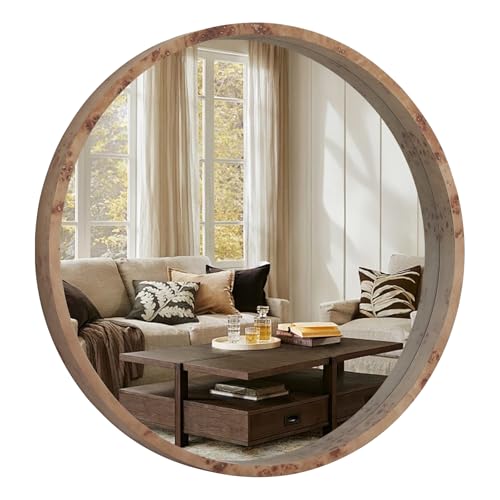 WallBeyond 28 Inch Round Wood Mirror, Burlwood Grain Wood Frame Circle Mirror, Versatile Wall Decor for Bathroom Vanity, Living Room, Bedroom and Entryway, Natural - color: Natural 1, size: 28"L x 28"W