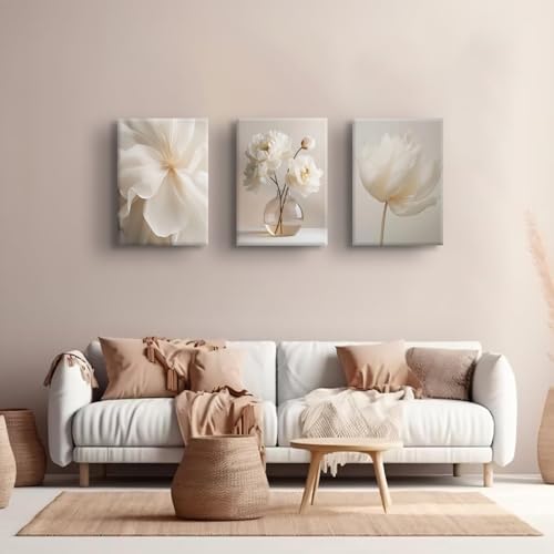 DIACEES 3 Pcs White Peony Wall Art Beige Floral Wall Decor Neutral Modern Aesthetic Poster Canvas Prints Perfect for Gallery, Bedroom, Living Room Home Wall Decor Ready to Hang (12x16 Inch Canvas) - color: White Peony Wall Art, size: 12L" x 16W"