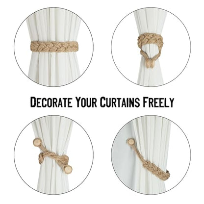 BEL AVENIR Jute Curtain Tiebacks Magnetic 4 Pack Woven Drapery Holdback - color: Jute- 4pack