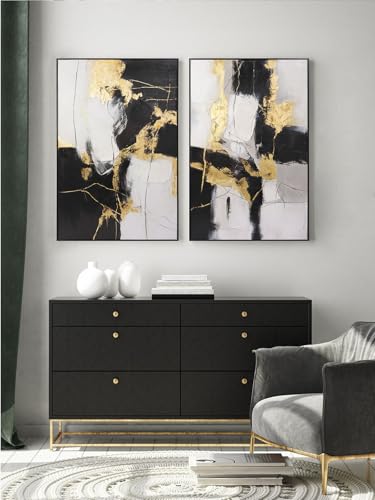 SAFERRYHOME Framed Abstract Black and Gold Modern Wall Art, Large 24"x36"x2 - color: Black Gold 2, size: 24" x 36" x 2 Panel Framed
