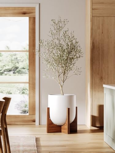 LE TAUCI 12 Inch Ceramic Planter with Acacia Wood Stand, White - color: White, size: 12 Inch
