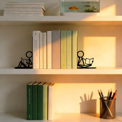 2 Pcs Metal Bookends and Heart Bookmark,Book Ends for Book Shelf,Two Reader - color: Black Siting Reader