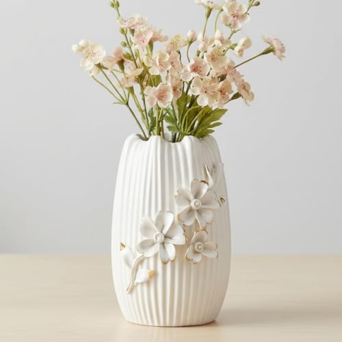 White Ceramic Vase,7 Inch Textured Modern Flower Vase - color: White, size: 7 inch