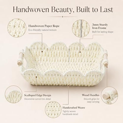 Coeusy Set of 2 Paper Rope Scalloped Baskets, Cute Wicker Baskets White - color: White