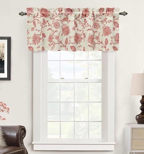 DriftAway Freda Jacobean Floral Linen Blend Blackout Thermal Insulated Energy Saving Privacy Window Linen Curtain Valance Rod Pocket 2 Layers Single 52 Inch by 24 Inch Plus 2 Inch Header Red Beige - color: Red, size: 52"W x 24"L (Pack of 1)