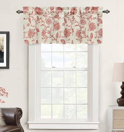 DriftAway Freda Jacobean Floral Linen Blend Blackout Thermal Insulated Energy Saving Privacy Window Linen Curtain Valance Rod Pocket 2 Layers Single 52 Inch by 24 Inch Plus 2 Inch Header Red Beige - color: Red, size: 52"W x 24"L (Pack of 1)