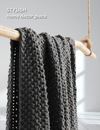 YnM Chunky Cotton Knit Throw Blanket, Cable Knit Throws for Bed Couch Sofa, Comfy & Relaxing, Decorative Piece for Farmhouse Modern Boho Rustic Scandinavian Chic Vibe, Moon Grey 80x87 Inches - color: Moon Grey - Medium Weight, size: King / CA King