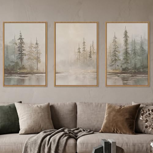 HPNIUB Large Neutral Misty Pine Tree Framed Canvas Wall Art Set -16"x24"x3 - color: Retro Forest Wall Art, size: 16"L x 24"W