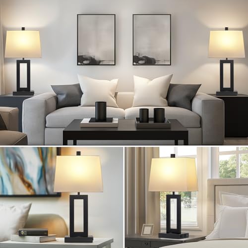 Cinkeda Black Bedside Table Lamp Set of 2,Nightstand Lamps with USB Ports - color: A.White&Black