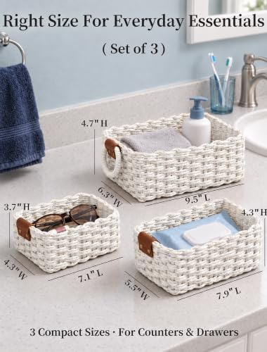 Small Wicker Baskets, 3 PCS Paper Rope Baskets for Shelves, White - color: White