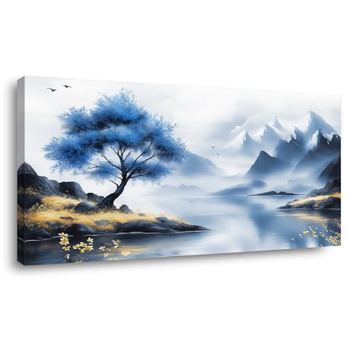 Blue Tree Lake Wall Art for Bedroom Canvas Painting Prints Beautiful Mountain Lakeside Landscape White Nature Artwork Office Family Room Decor - color: Yellow and Blue Wall Art(k826), size: 40L" x 20W"