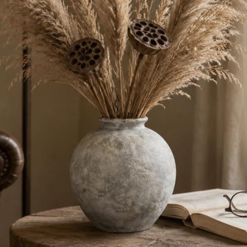 Rustic Farmhouse Ceramic Vase, 7.9 Inch, Terracotta Decor - color: White Gray