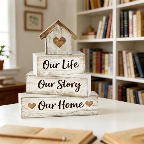 Farmhouse Tiered Tray Decor, 4pcs Our Life Our Story Our Home Table Decor - style: Family