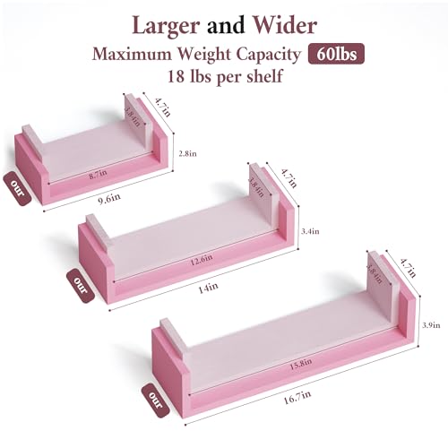 SRIWATANA Pink Floating Shelves, Set of 3 Solid Wood Wall Mounted Shelves - color: Pink