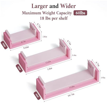 SRIWATANA Pink Floating Shelves, Set of 3 Solid Wood Wall Mounted Shelves - color: Pink