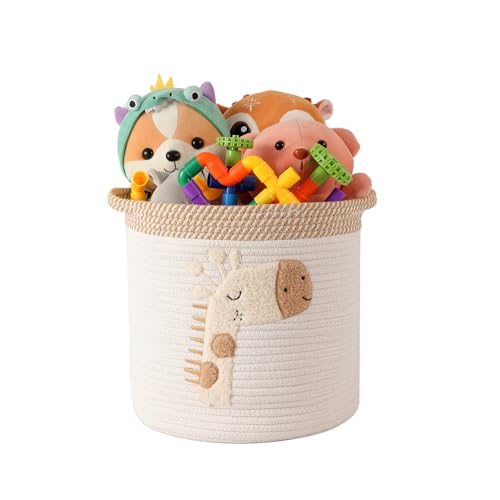 Toy Storage Baskets Woven Cotton Rope Storage Basket for Kids, Blanket Baskets for Living Room Toys Organizer with Embroidery Decor, Cute Baskets with Handle for Nursery, Playroom (Giraffe) - color: Giraffe, size: Medium